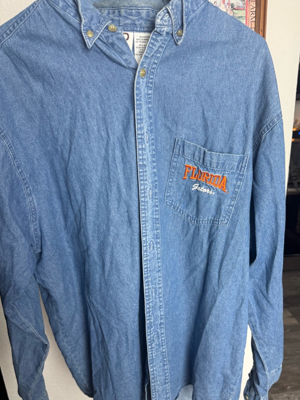 Vintage Red Oak Florida Gators Blue Denim Button-Up Long Sleeve Shirt Size XL